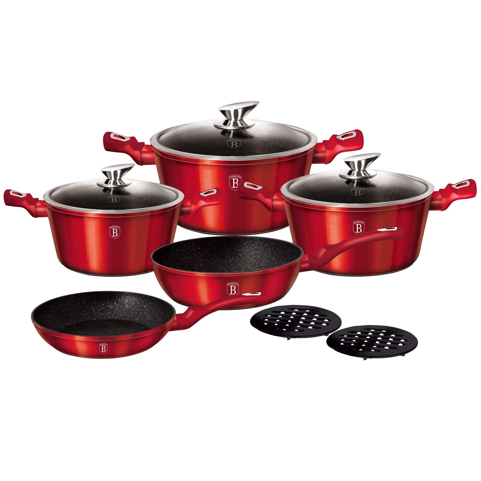 BerlingerHaus Burgundy Kochtopf Set Induktion 10-TLG BH-1222N Metallic Rot. Metallic-rotes Set zur Induktionskochfunktion.