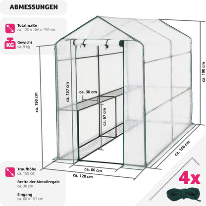 tectake Foliengewächshaus mit 4 Ablagen – 186x120x190 cm