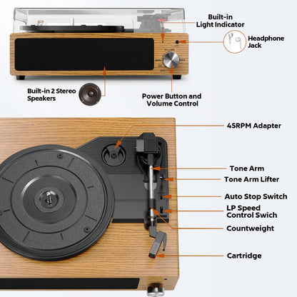 FYDEE Vinyl-Plattenspieler Bluetooth mit Lautsprechern - Naturholz