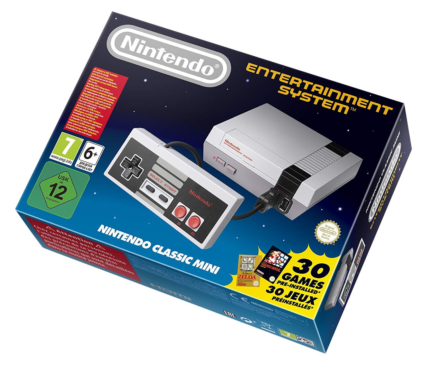 Nintendo Classic Mini: NES. Miniatur-graue, rechteckige Konsole mit Controller. Spielt vorinstallierte NES-Spiele auf einem modernen Fernseher über HDMI ab.
