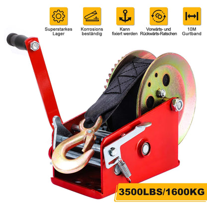 Pindex Handseilwinde mit Bremse 1600kg – 10m Gurtband Rot