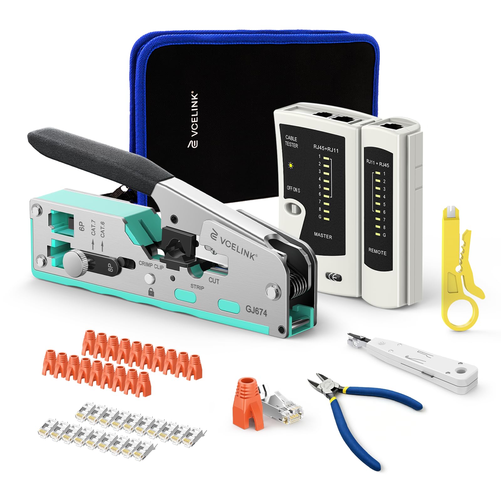 VCELINK Netzwerk Werkzeug Set mit RJ45 Crimpzange und Kabeltester in Stofftasche