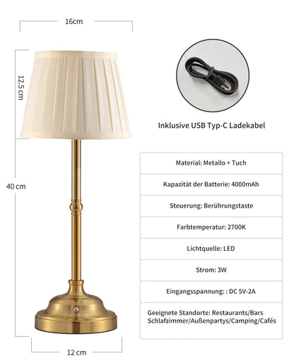 VISDANFO LED Tischlampe kabellos dimmbar, Akku Nachttischlampe gold