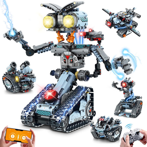 INSOON 5-in-1 Technik Roboter Bauset, RC Klemmbausteine mit App – motorisierter Roboter mit Raupen und LED-Licht