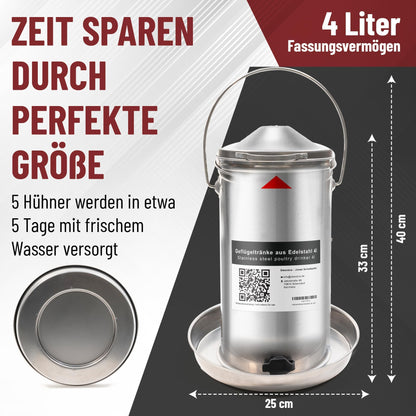 Robust Hühnertränke Geflügeltränke 4L Edelstahl - Beheizbar