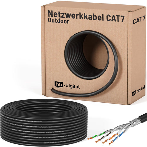 HB-DIGITAL CAT 7 Netzwerkkabel Outdoor 50 m S/FTP reines Kupfer, schwarzes Verlegekabel für Ausseninstallation