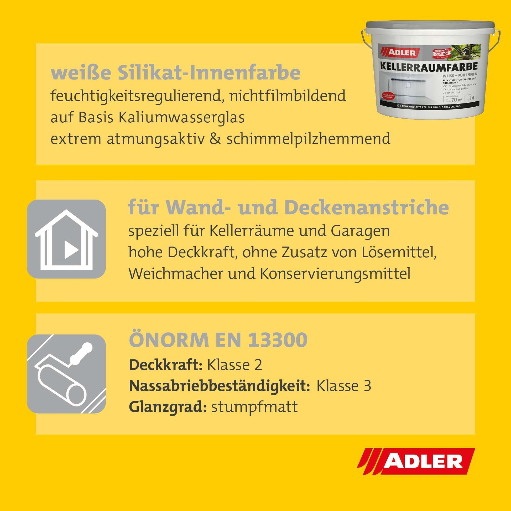 ADLER Kellerraumfarbe, weisse Silikatfarbe, geruchsneutral, 14 kg Gebinde