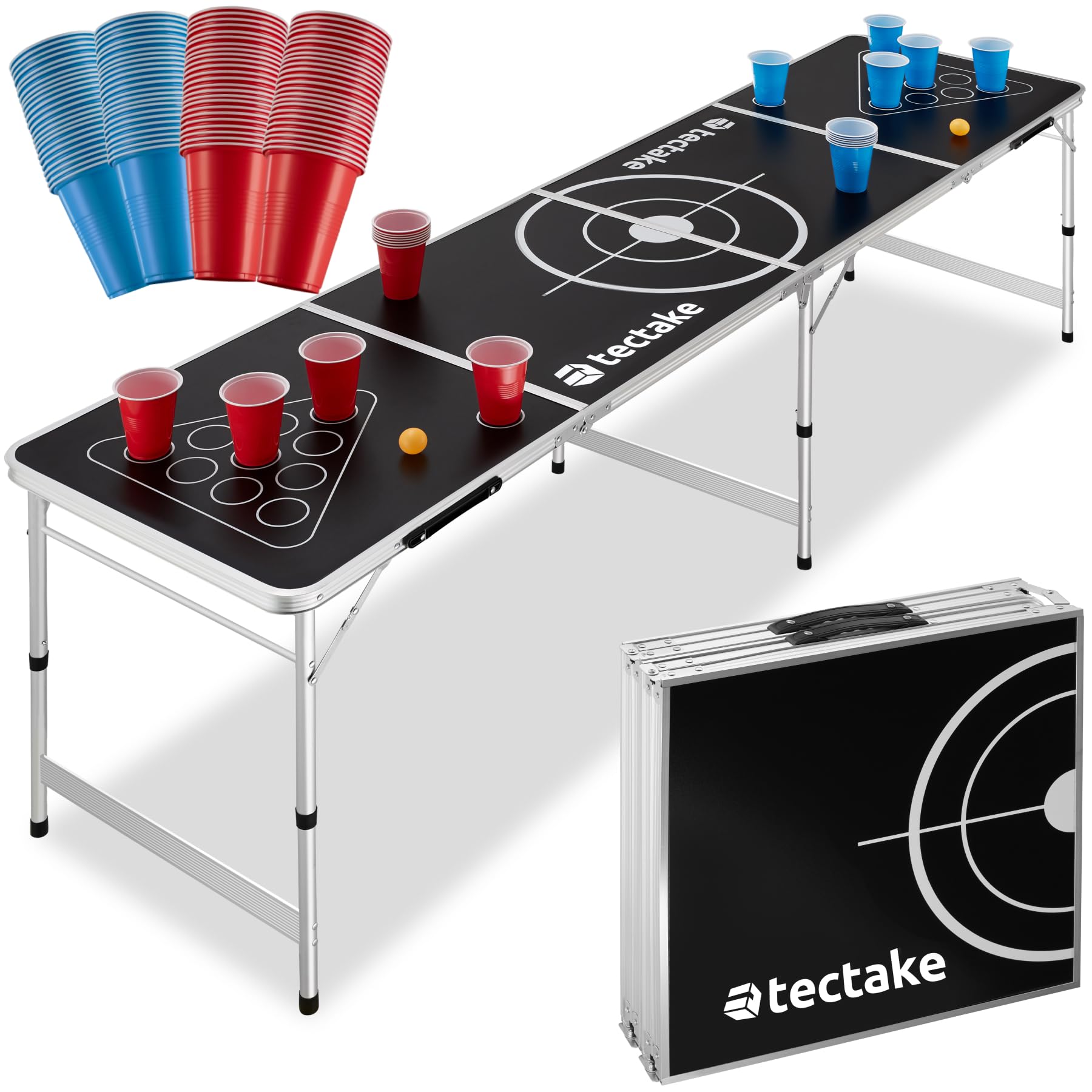 tectake Bierpong Tisch, klappbar, höhenverstellbar, mit 100 Bechern