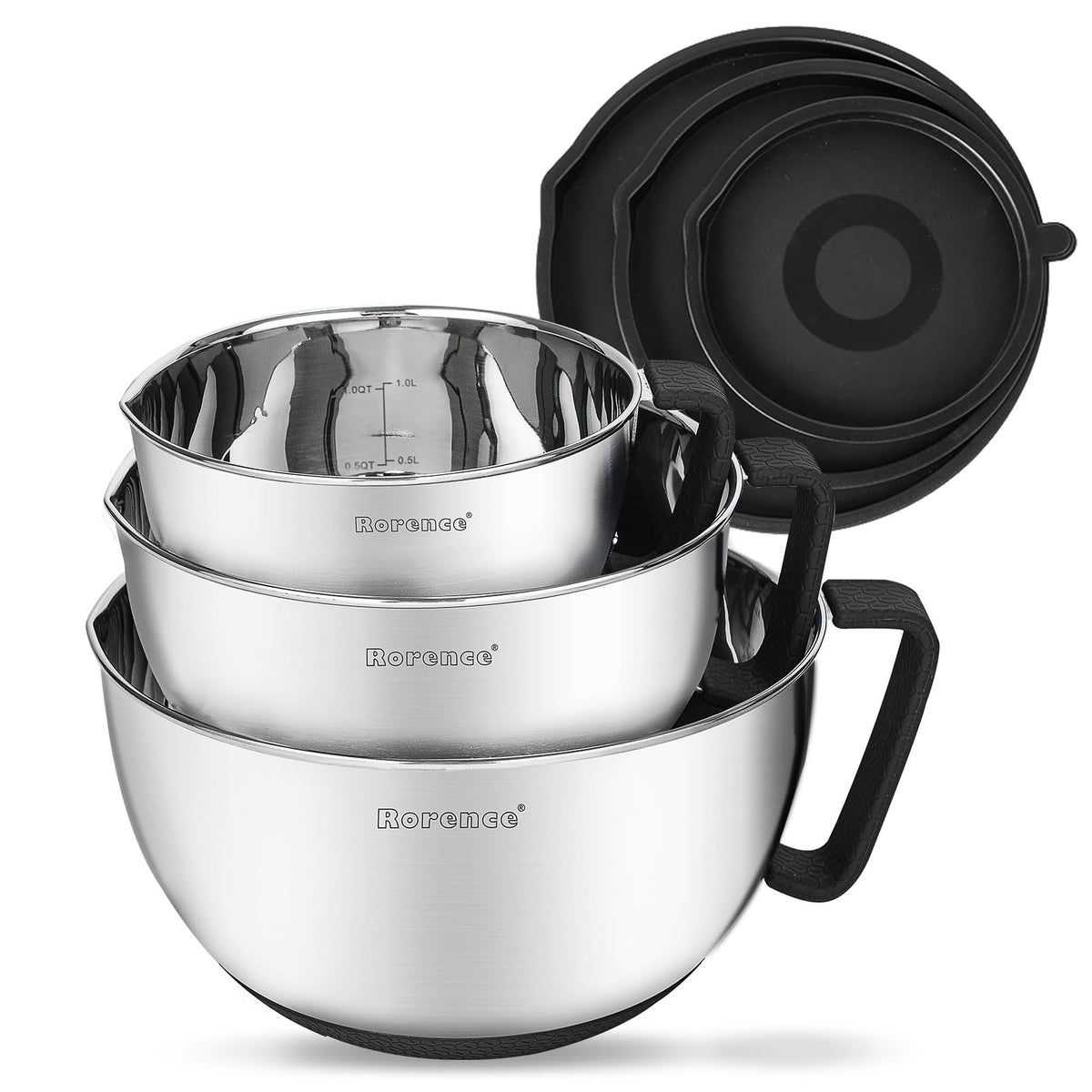 Rorence Rührschüssel Set Edelstahl 3-teilig mit Deckel, Schwarz – mit Ausgiesser und Silikonboden