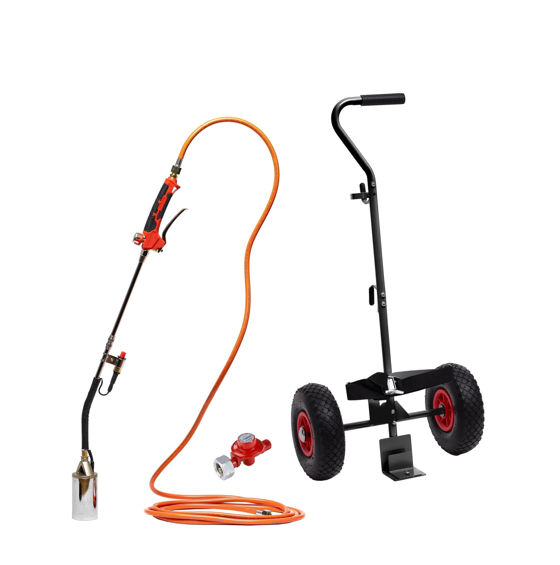 ROTHENBERGER Industrial Flaschentransportwagen für 5 und 11 kg Gasflaschen. Blauer Stahlrahmen mit Rädern und Kette.