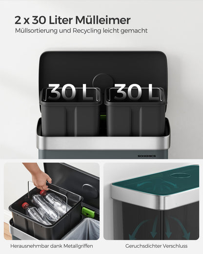 SONGMICS Mülleimer Küche 2 x 30 L, Edelstahl, Softclose, grüngrau