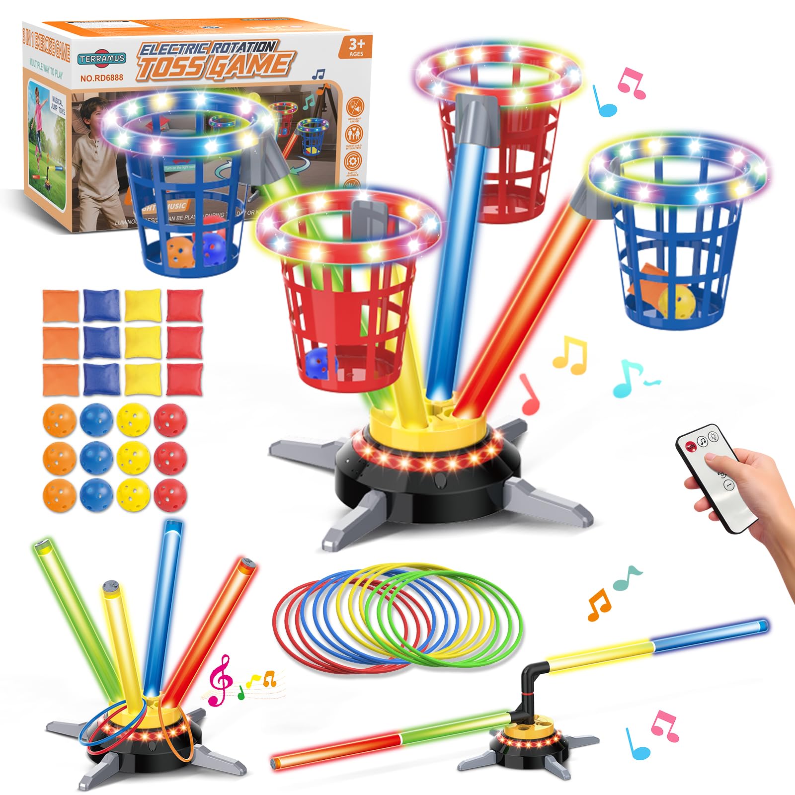TERRAMUS 3-in-1 Ringwurfspiel mit Sandsäckchen, Musik und Licht, drehbarer Sockel mit leuchtenden Wurfeimern