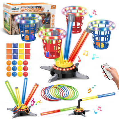 TERRAMUS 3-in-1 Ringwurfspiel mit Sandsäckchen, Musik und Licht, drehbarer Sockel mit leuchtenden Wurfeimern