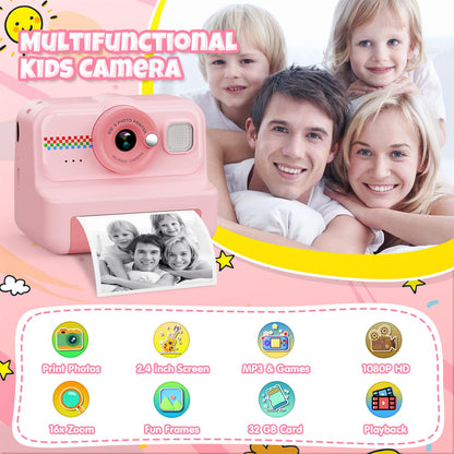 HiMont KC02 Kinderkamera Sofortbildkamera 1080P mit 32GB Karte, Rosa