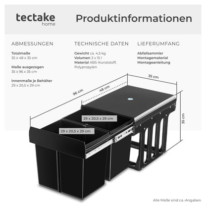 tectake Einbaumülleimer Ashlyn 2 x 15 L, ausziehbar, für Unterschrank