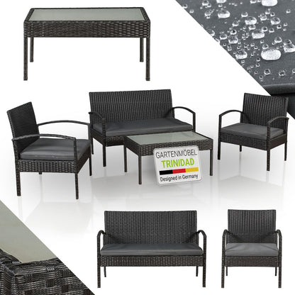 Juskys Trinidad Polyrattan Gartenmöbel Set - 4P Grau. Graues 4-teiliges Polyrattan-Sitzmöbelset für Garten und Terrasse.