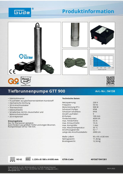 Güde Tiefbrunnenpumpe GTT 900 - 900 W Leistung, Edelstahl