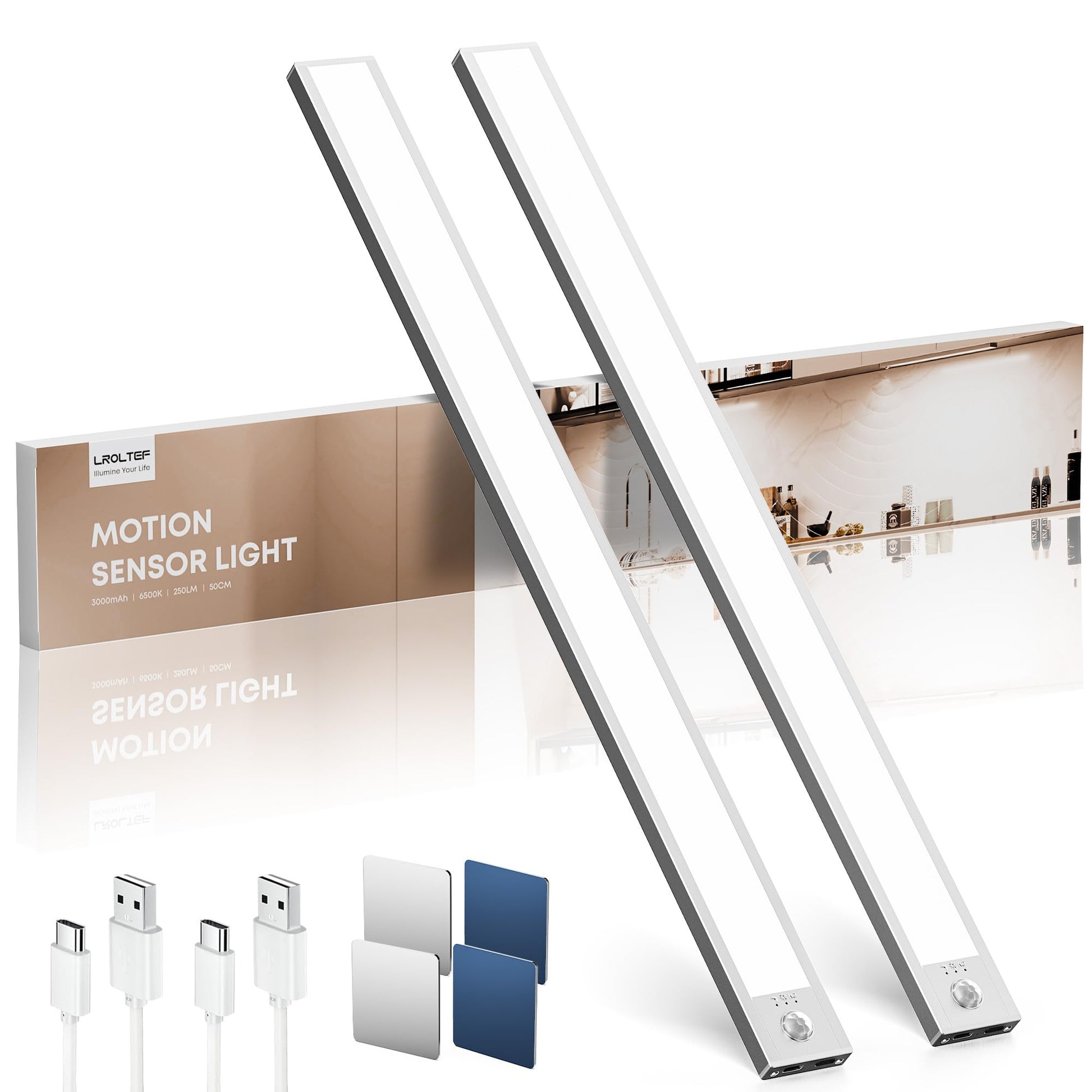 LROLTEF LED Schrankbeleuchtung mit Bewegungsmelder 50 cm, 2 Stück, längliche Lichtleiste zur Unterbaumontage