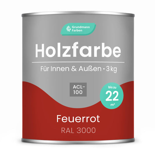 Grundmann Holzfarbe ACL 100 Holzlack, 3 Kg, in RAL 3000 Feuerrot. Schützt und färbt Holz.