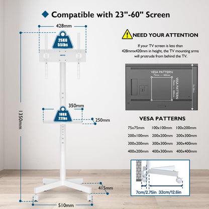 BONTEC Mobiler TV Ständer auf Rollen für 23-60 Zoll bis 25 kg, weiss