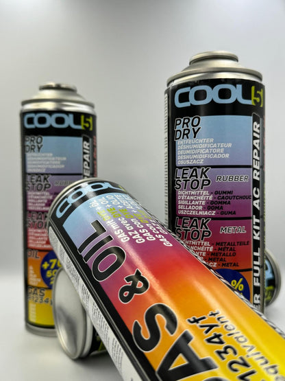 Cool5 Ersatzkältemittel R134a Auto – 2 Dosen 2in1 + 1 Dose 5in1