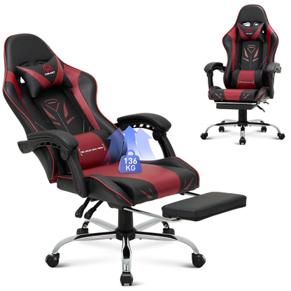 COLAMY Gaming Stuhl mit Fuss- & Lendenwirbelstütze - Rot. Roter Gaming-Stuhl mit Fuss- & Lendenwirbelstütze für ergonomischen Komfort beim Spielen.