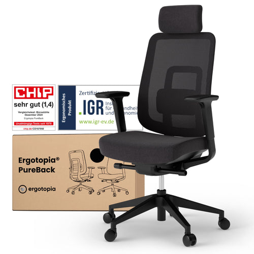 Ergotopia PureBack Ergonomischer Bürostuhl - Mit Kopfstütze. Ergonomischer Bürodrehstuhl mit hoher Rückenlehne für gesunde Sitzhaltung.