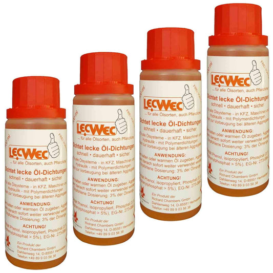 LecWec Additiv gegen Ölverlust für alle Ölsorten - 400ml, weiße Flasche, dichtet Leckagen in Ölsystemen ab.