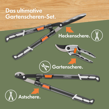 VonHaus Gartenscheren-Set 3-teilig mit Teleskop-Baumschere