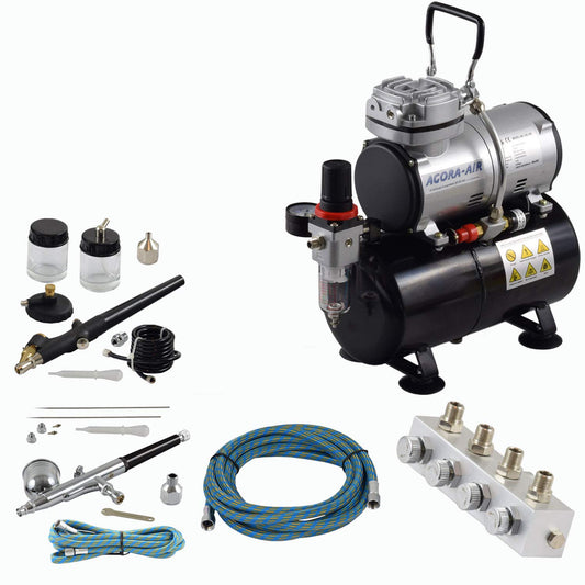 Agora-Tec Airbrush Set PROFI XIII.1 – Kompressor & 2 Pistolen. Für präzise Farbanwendungen im Modellbau & Nailart.