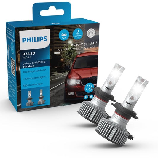 Philips Ultinon Pro6000 Standard H7-LED Lampe - Strassenzulassung. Silber-schwarze H7-LED-Lampe für zugelassenes Abblend-/Fernlicht im Kfz-Scheinwerfer.