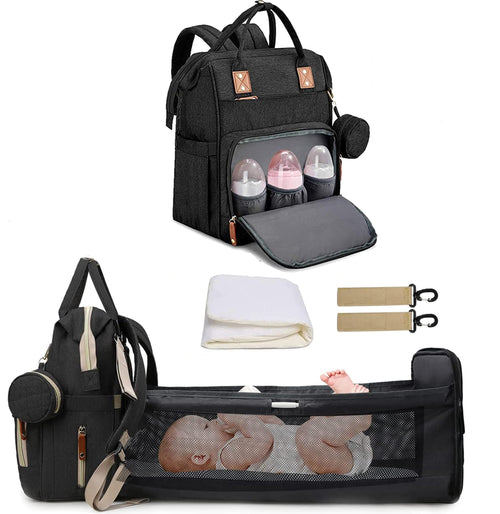 Fexkean Wickelrucksack mit Kinderbett und Wickelauflage, schwarz, Oxford-Gewebe und gepolsterte Schultergurte