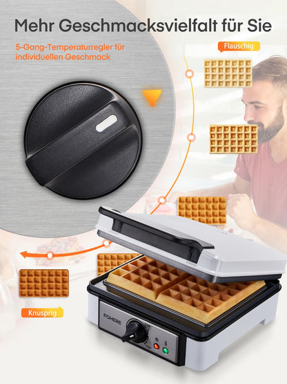 FOHERE Waffeleisen XL für 2 Waffeln, 1200 Watt, antihaftbeschichtet