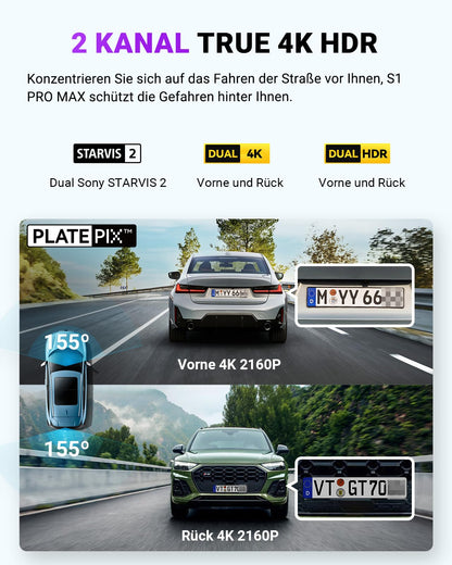 VANTRUE S1 PRO MAX Auto Dashcam - 4K+4K Dual Vorne Hinten