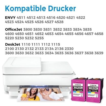 ANKINK Tintenpatronen als Ersatz für HP 302 XL, Tricolor, 2er-Pack
