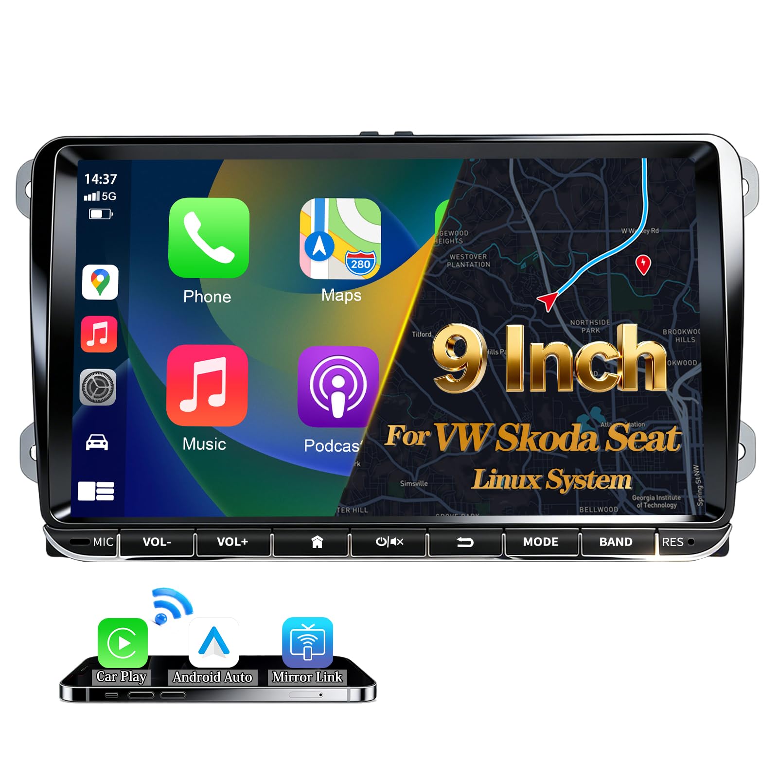 URVOLAX DAB+ Autoradio UR95C, 9 Zoll Doppel-DIN für VW, Skoda, Seat