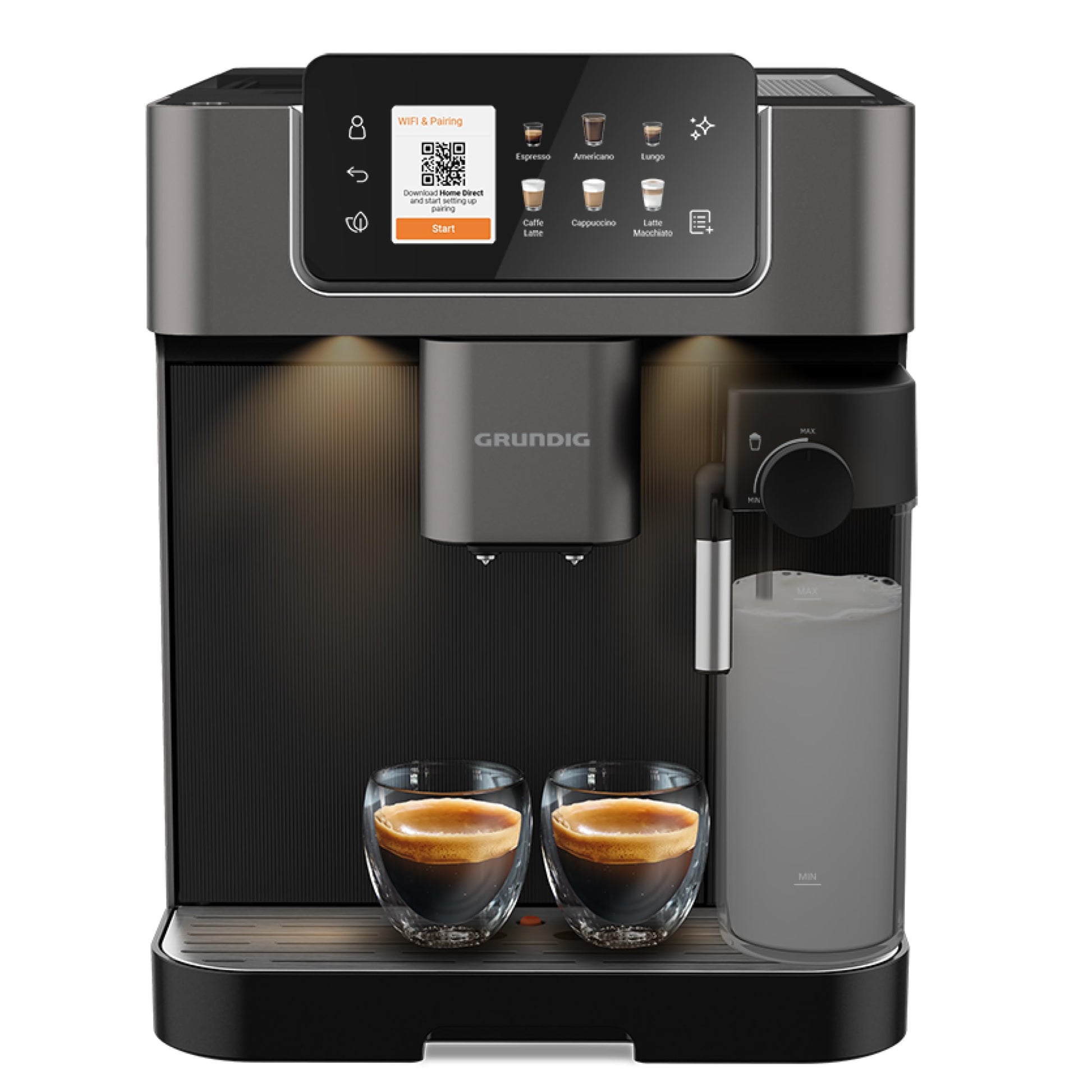 Grundig KVA 8230 Kaffeevollautomat - Schwarz/Dunkelsilber. Kompaktes Gerät, brüht vollautomatisch Espresso, Cappuccino u.a.