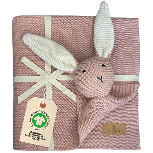 DIKOS SCHMUSE-Hase 2-in-1 Babydecke & Kuscheltuch, Altrosa – Strickdecke mit aufgenähtem Kuschelhasen