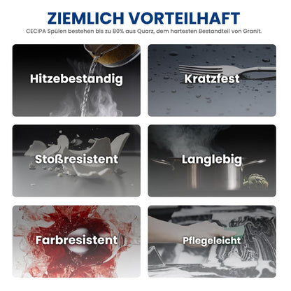 CECIPA Granit-Einbauspüle 45x45cm, schwarz eckig, 2 Hahnlöcher