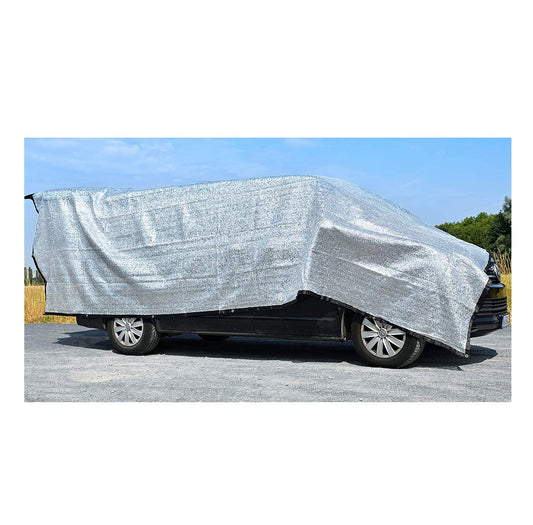 Schattennetz Auto Hund – Alu Hitzeschutz UV-Schutz 4x6 m. Rechteckiges, silbernes Netz zum Hitzeschutz von Fahrzeugen und Insassen.
