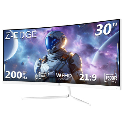 Z-Edge 30 Zoll Ultrawide Curved Gaming Monitor - 200Hz Weiss. Weißer, gekrümmter Bildschirm für flüssiges Gaming bei 200Hz.