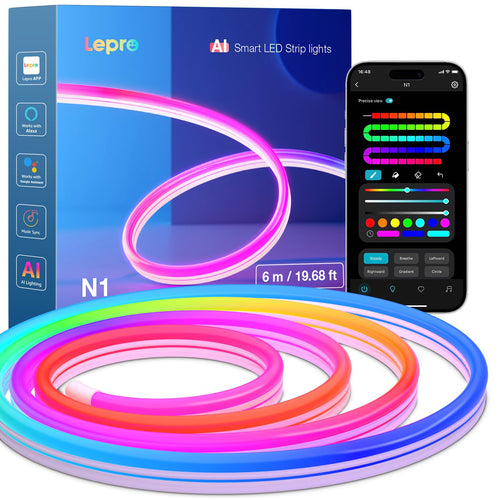Lepro Neon LED Strip 6m - Smart RGB App-Steuerung. Flexibler, schlauchförmiger RGB LED-Streifen für smarte Dekorationsbeleuchtung.
