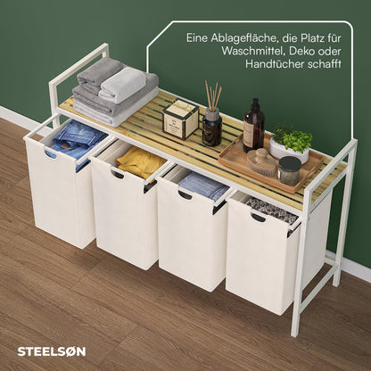 STEELSØN Rigil Wäschesammler 4 Fächer Weiss mit Bambusablage