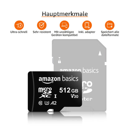Amazon Basics microSDXC Speicherkarte 512 GB, U3, A2, mit SD-Adapter