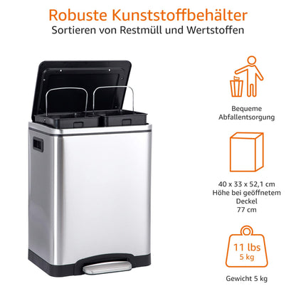 Amazon Basics 30L Rechteckig Doppel-Mülleimer Pedal – Edelstahl Silber
