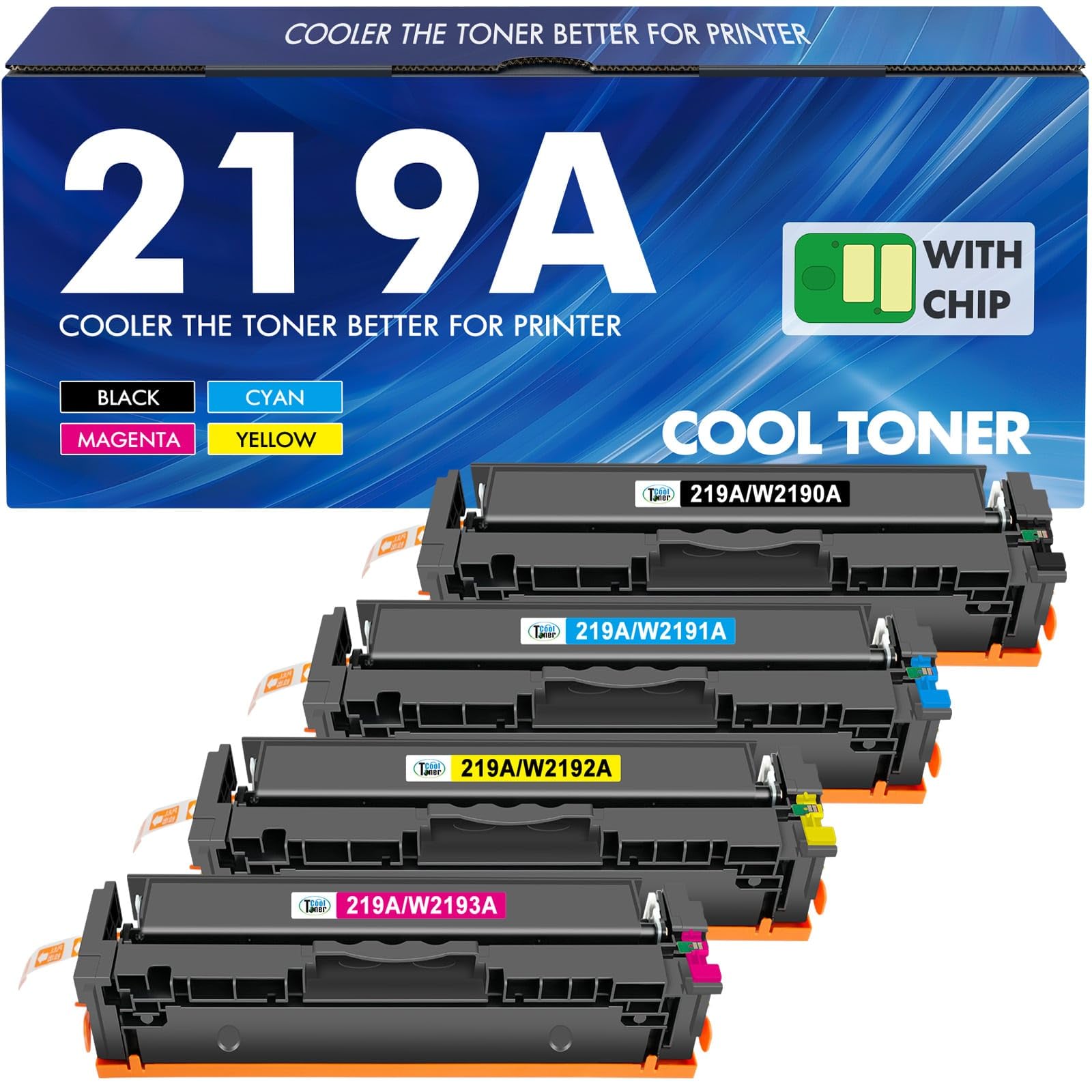 Kompatibel für HP 219A 219X Toner Multipack - 4 Farben mit Chip. Vier rechteckige Tonerkartuschen (CMYK) für Laserdrucker.