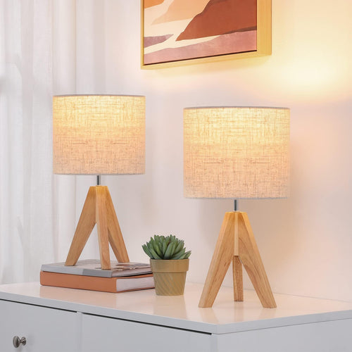 EDISHINE LED Nachttischlampe Holz 2er Set mit beigem Leinenschirm und Massivholzstativ