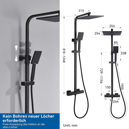 Auralum Regendusche System Thermostat Schwarz Quadrat 25x25cm