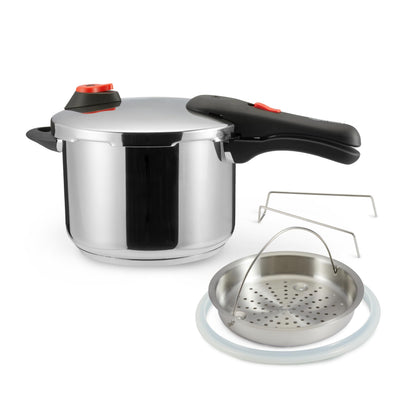 Amazon Basics Schnellkochtopf Edelstahl 6 l mit Dampfgarer, silber, rund, zum Kochen unter Druck