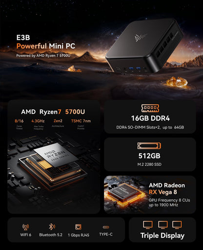 E3B Mini PC Ryzen 7 5700U 16GB/512GB SSD